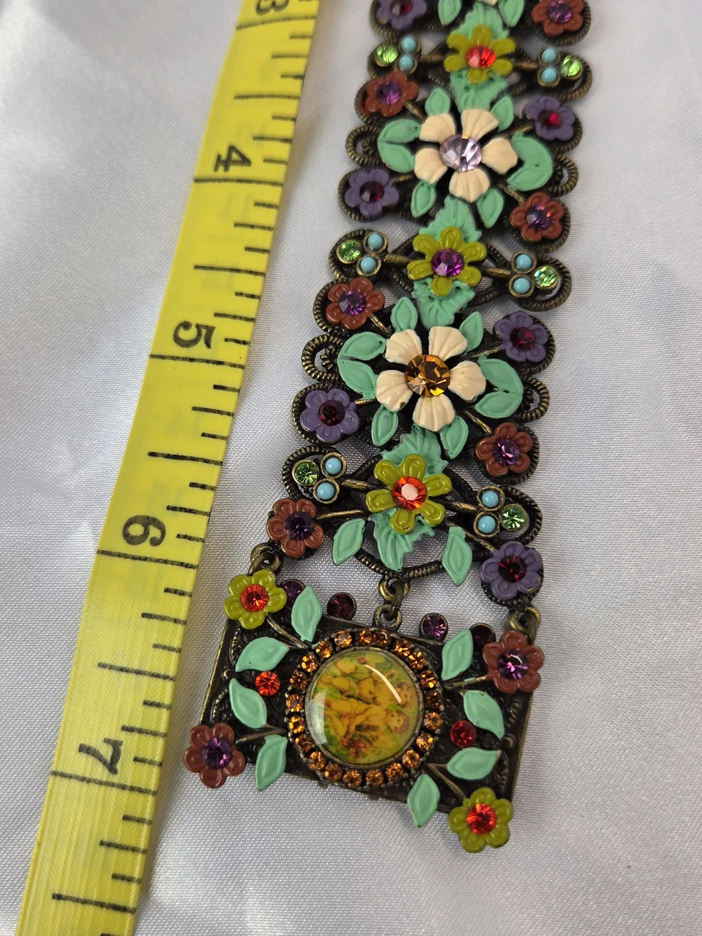Antique Brass Floral Stretch Bracelet with Colorful Enamel Flowers - Picture 7 of 7
